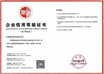 江西清华实业有限公司喜获“AAA级”企业信用等级证书